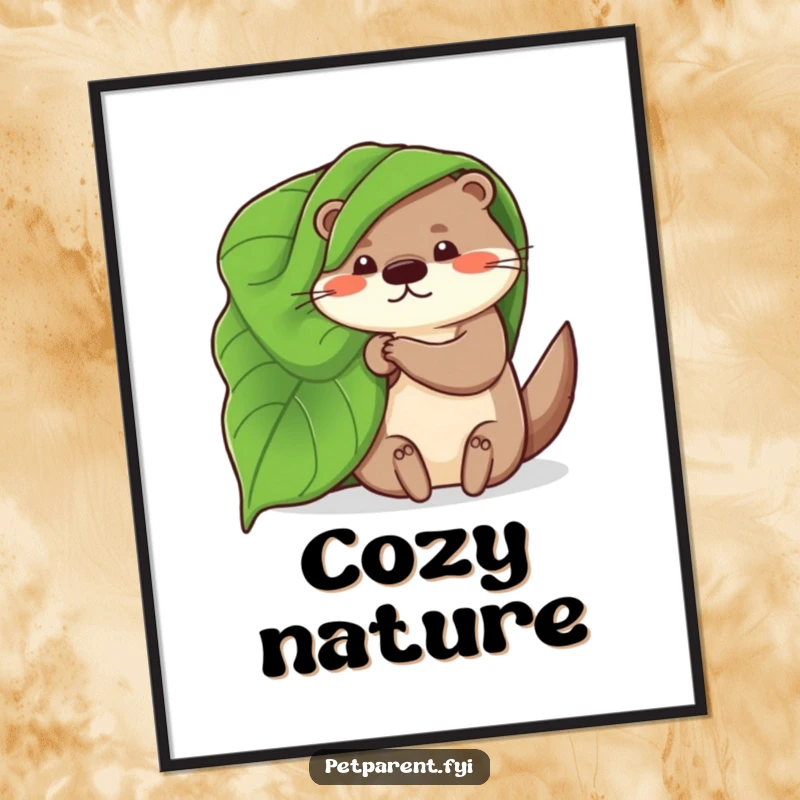 Funny digital art print of a whimsical otter character using a large leaf as a blanket, bringing a cozy, humorous, and natural element to wall decor.