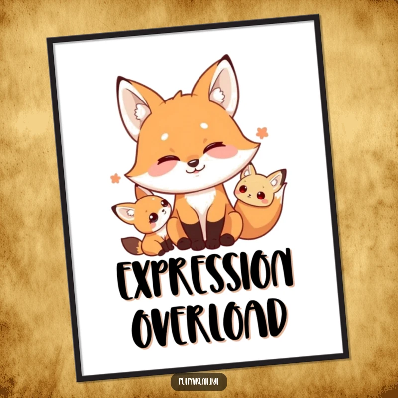 Funny digital art print of a playful fox character making multiple silly faces, capturing its mischievous and humorous personality for wall decor.