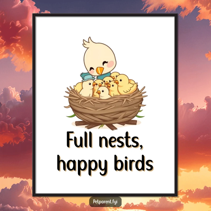 Funny digital art print of a bird character feeding a nest full of hungry chicks, perfect for heartwarming nature-themed decor.
