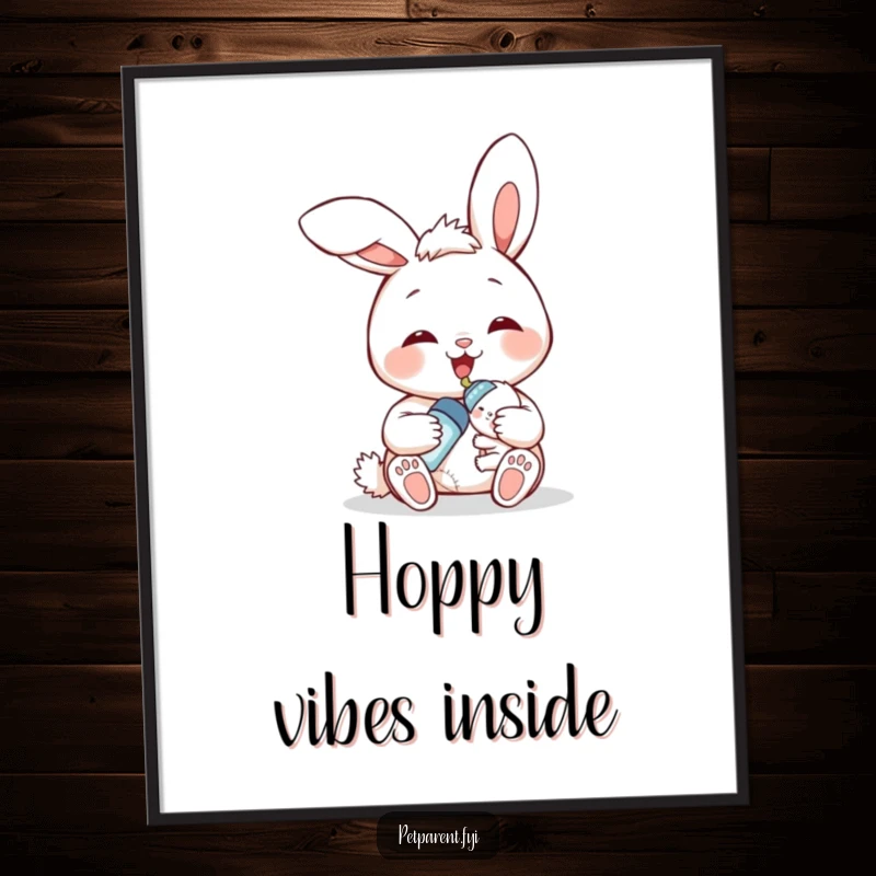 Funny bunny feeding digital art print, smiling bunny character bottle-feeding a baby bunny, joyful and humorous wall decor.
