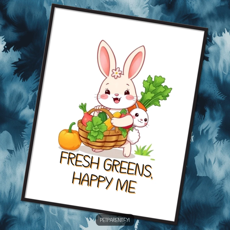 Funny bunny character carrying a large basket of vegetables, a charming digital art print for immediate download and display.