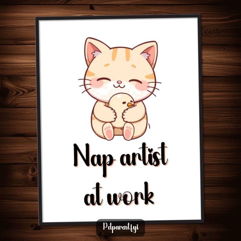 Funny Digital Art Print: A smiling cat gently cradles a tiny, sleepy bird, offering heartwarming humor and charm.