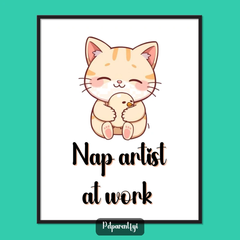 Funny Cat Cradling Bird Digital Art: Hilarious and Heartwarming Printable for Instant Joy