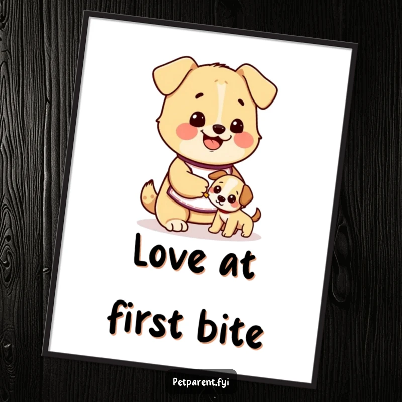 Funny dog digital art print featuring a cute character in an apron happily feeding a smaller puppy, offering instant heartwarming humor and decor.