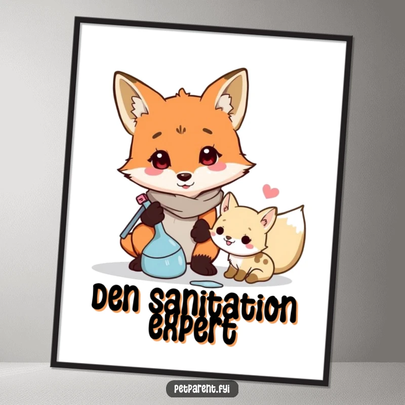 Funny, high-resolution digital art print of a responsible fox character cleaning up messes.