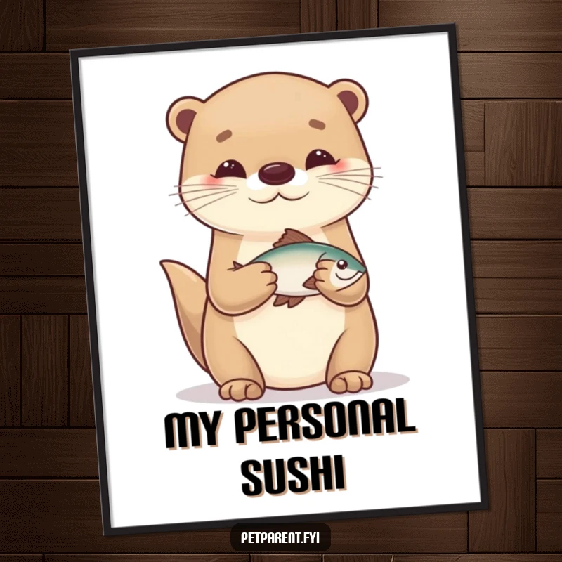 Funny, high-resolution digital art print of a caring otter character holding a small fish.