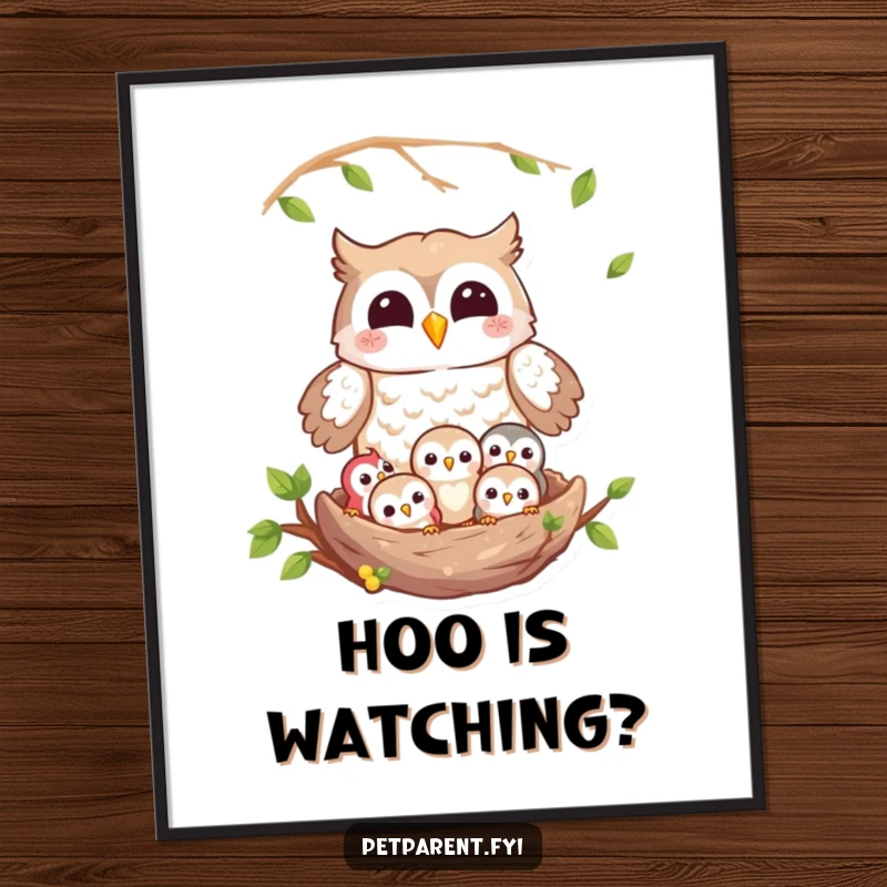 Funny owl digital art print of a happy owl character guarding a cozy nest full of owlets, capturing familial love with humor.