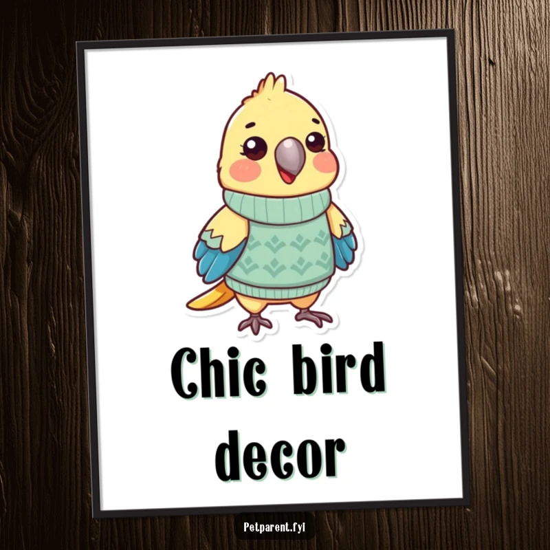 Funny parrot digital art print of a stylish character in a tiny sweater, offering instant download and humorous wall decor. A super funny gift.
