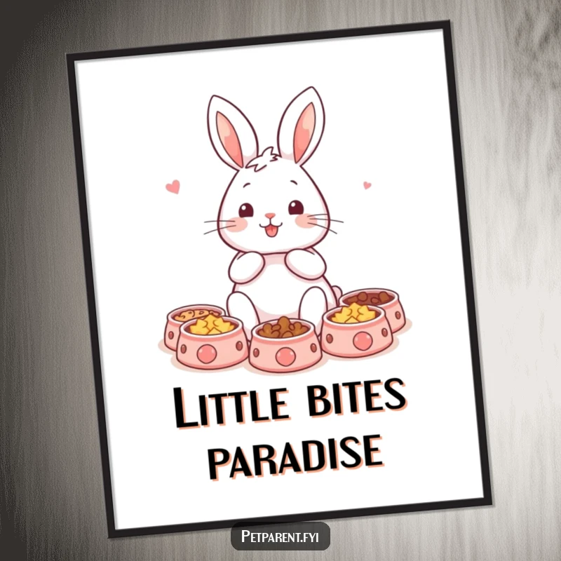 Funny rabbit digital art print of a content character surrounded by miniature pet bowls, offering instant download and humorous pet decor. A super funny gift.
