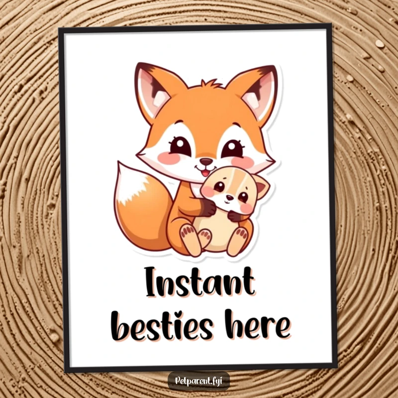 Funny digital art print: a joyful fox gently holding a small, cute puppy, perfect for instant wall decor.