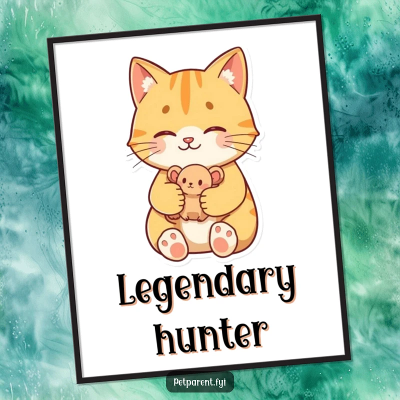 Funny Proud Cat Digital Art: A proud cat character proudly holds a toy mouse, ideal for humorous wall art.