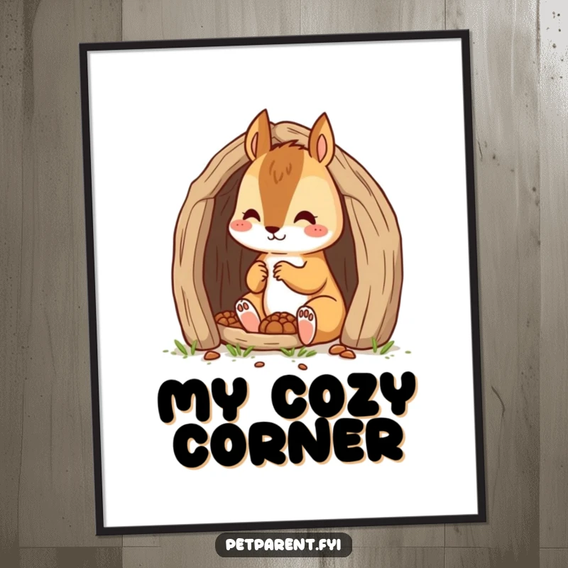 Funny, high-resolution digital art print of a dedicated squirrel character diligently building a tiny den.