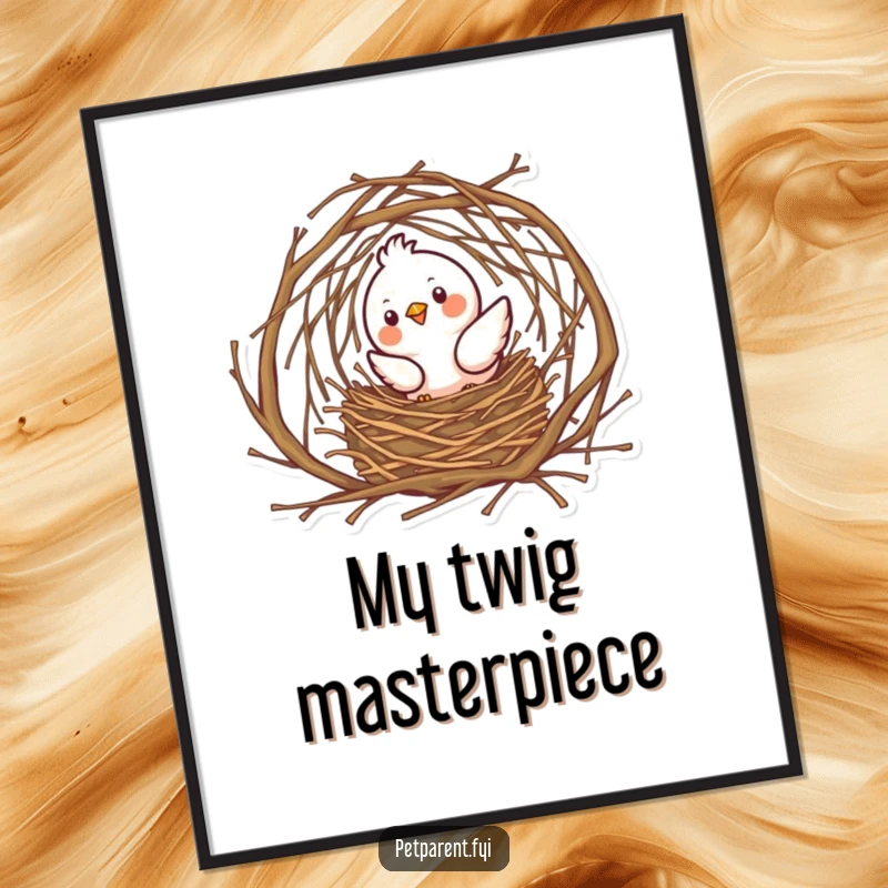 Funny bird character meticulously building an elaborate nest with twigs, a charming digital art print for immediate download.