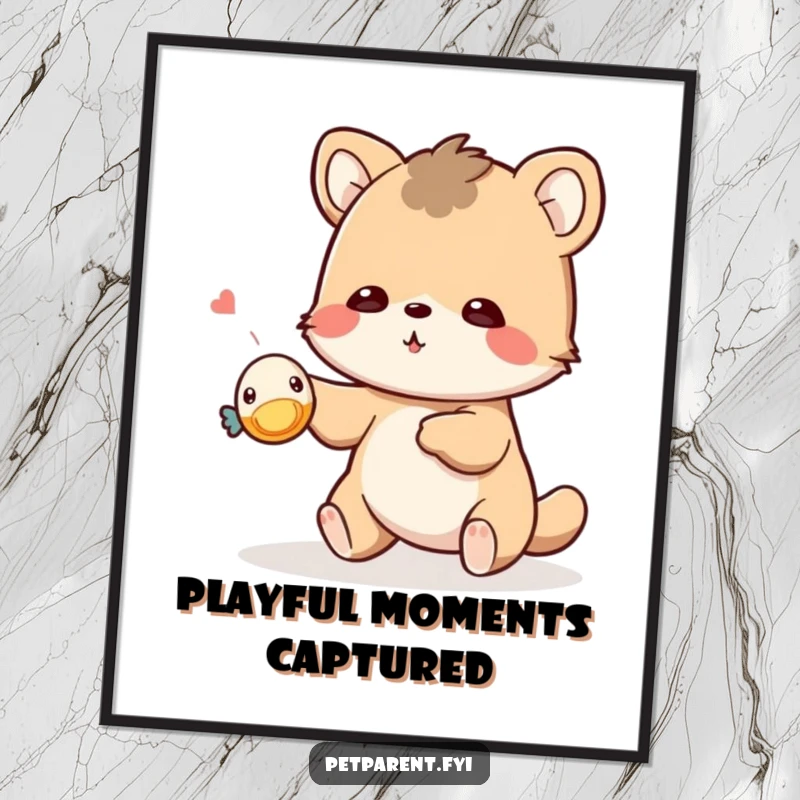 Funny playful animal digital art print of a character tossing a tiny squeaky toy. Humorous wall art.