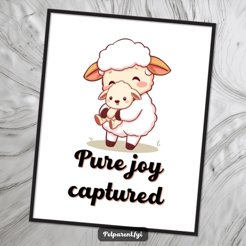 Funny, high-resolution digital art print of a sheep character lovingly carrying a tiny puppy, ready for instant download and printing.