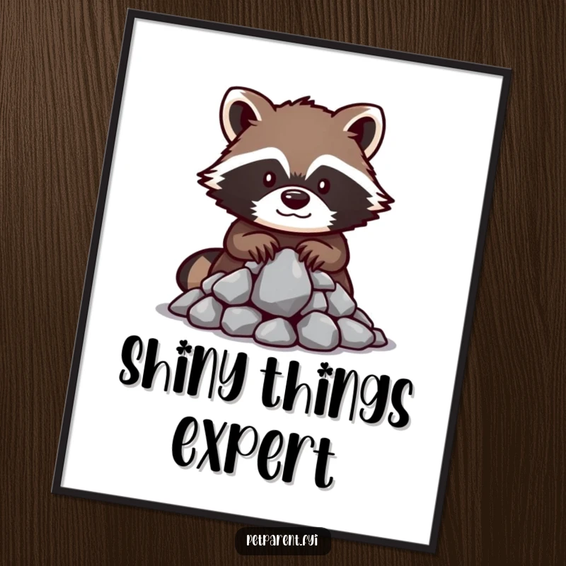 Funny raccoon digital art print of a protective raccoon character guarding shiny rocks, capturing themes of possessiveness and humor.