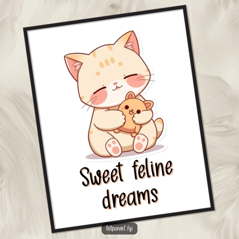 Funny Cat Digital Art Print showing a contented cat purring with a stuffed toy, providing instant humorous and heartwarming wall decor.