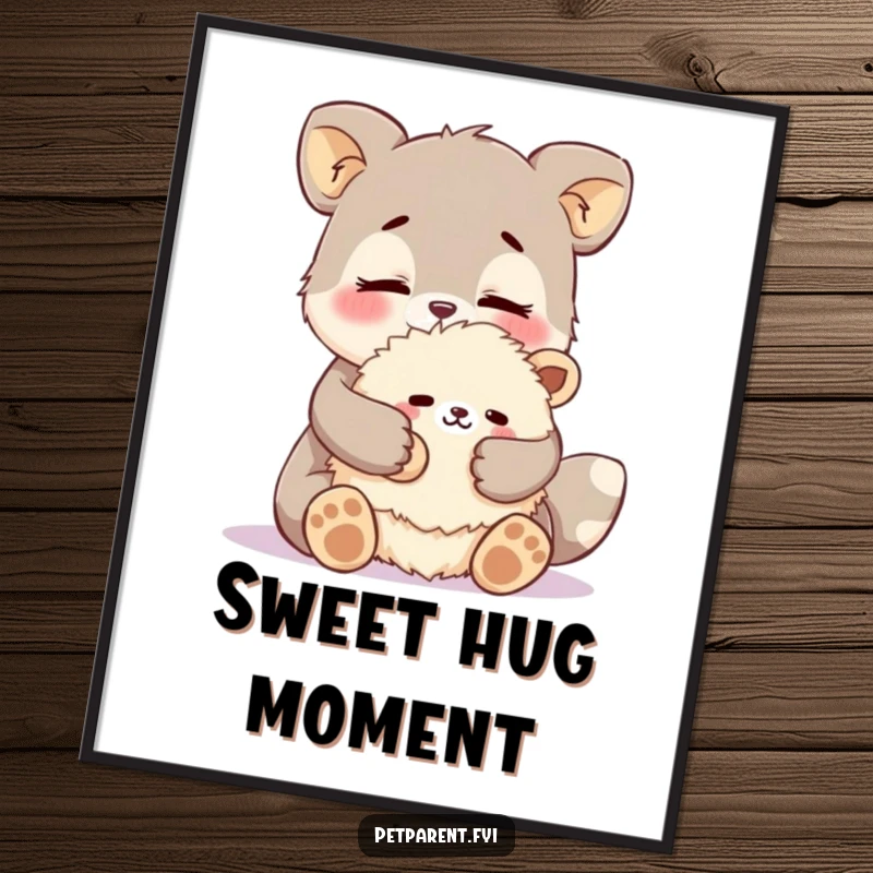 Funny affectionate animal digital art print of a character cuddling a fluffy stuffed animal. Humorous wall art.