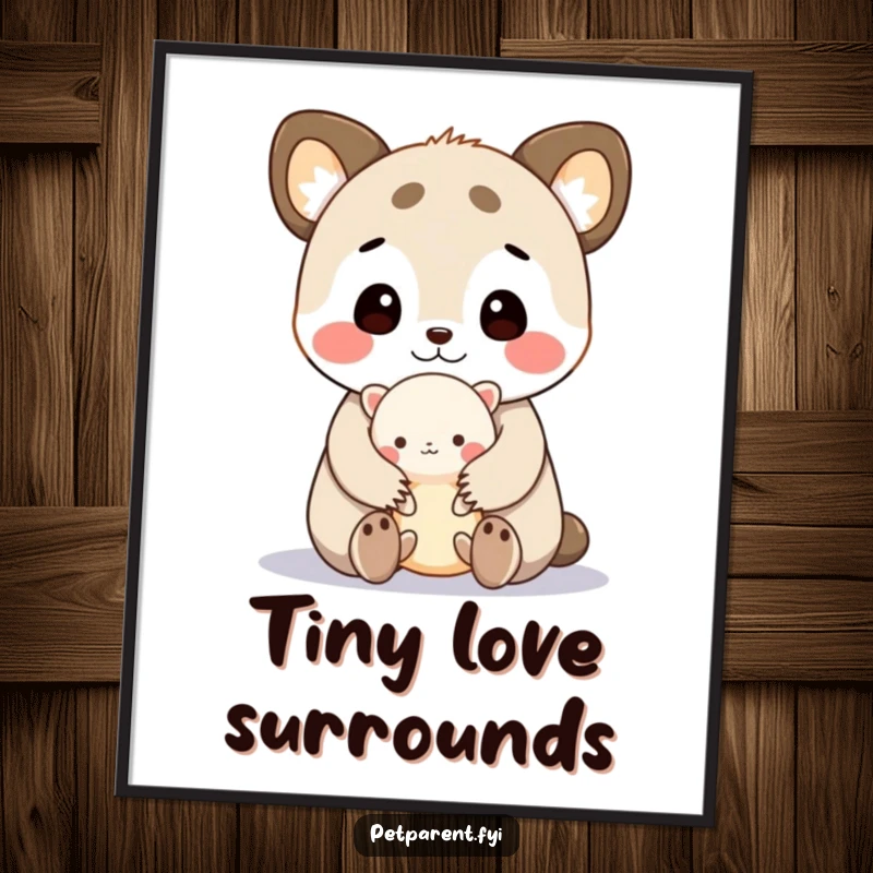 Funny digital art print of a cute animal character tenderly cuddling a tiny creature, humorously inspiring warmth and affection.
