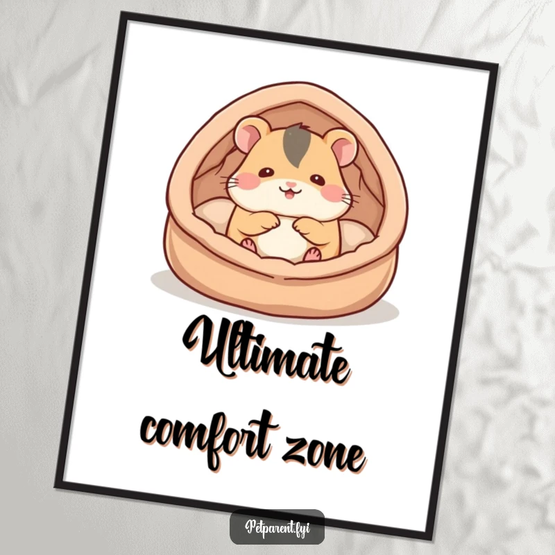 Funny hamster digital art print of a cute hamster character building a cozy bed, capturing themes of comfort and domestic bliss.