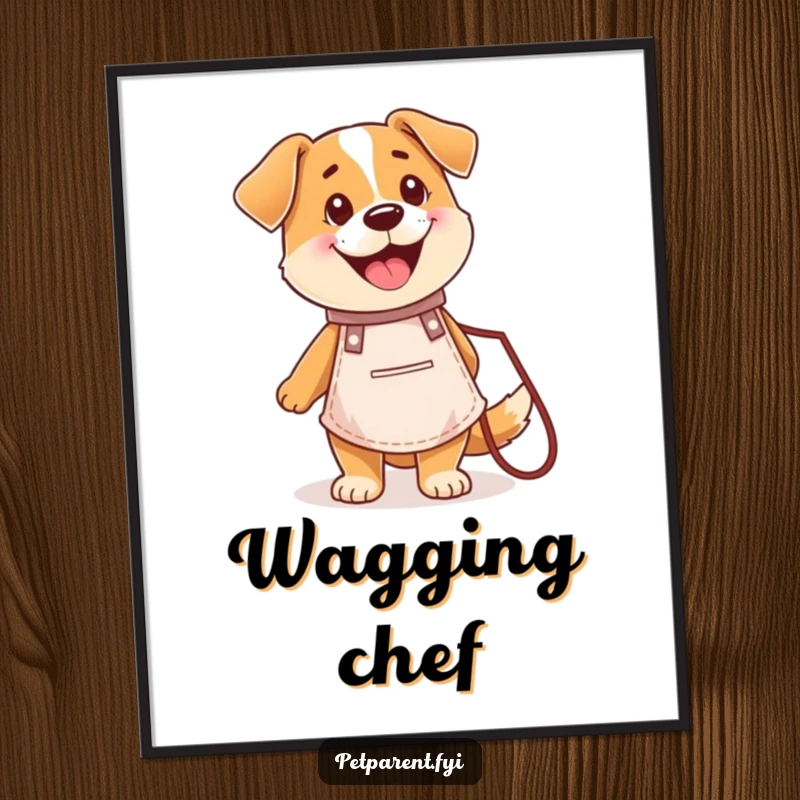 Funny digital art print of a happy dog character in a chef apron holding a leash, embodying joy and readiness.