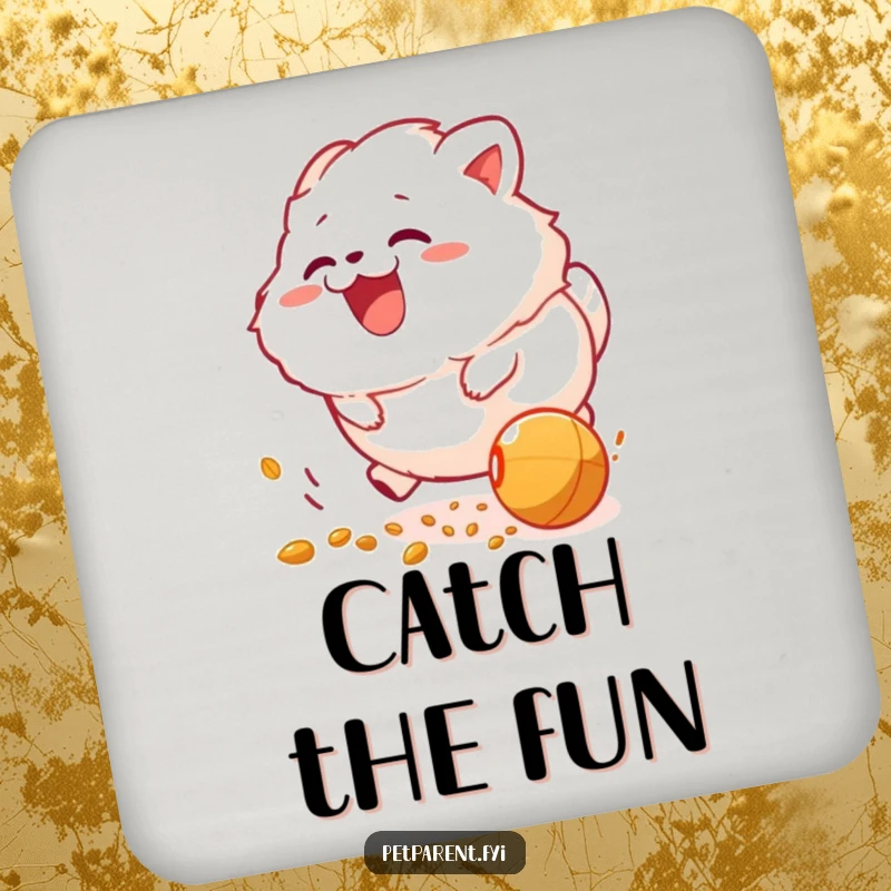 Funny coaster: a fluffy creature joyfully chasing a rolling food pellet, adding humor to drink service.