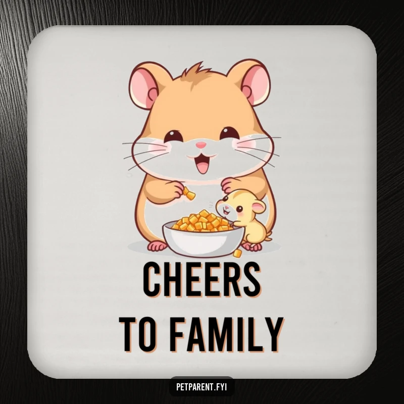 Funny Cheerful Hamster Coasters: A cheerful hamster sharing food with its baby, adding humorous protection to surfaces.