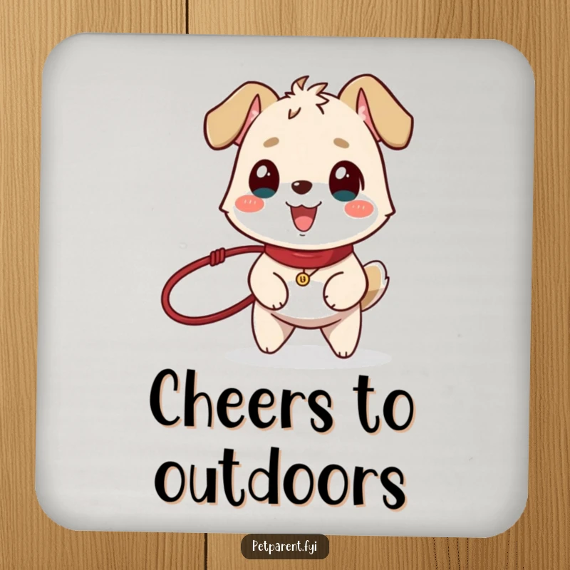 Set of funny drink coasters depicting a happy animal character holding a leash, tail wagging, ready for a walk.
