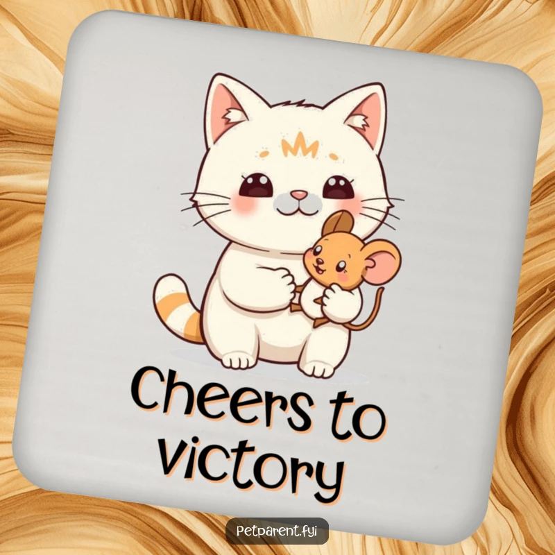 Funny coaster with a proud cat character and a tiny toy mouse, protecting surfaces with humorous pride.