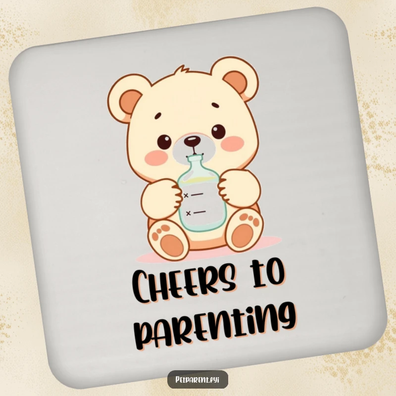 Funny and sweet cartoon bear character feeding a baby with a bottle, featured on protective drink coasters.