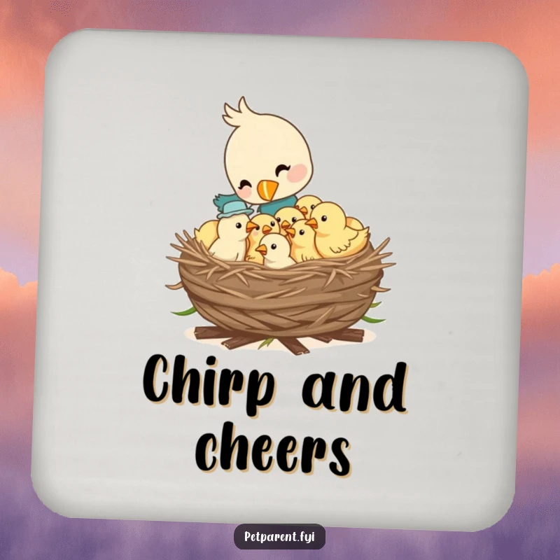Funny drink coasters featuring a bird character feeding a nest full of hungry chicks, perfect for protecting surfaces with natural beauty.