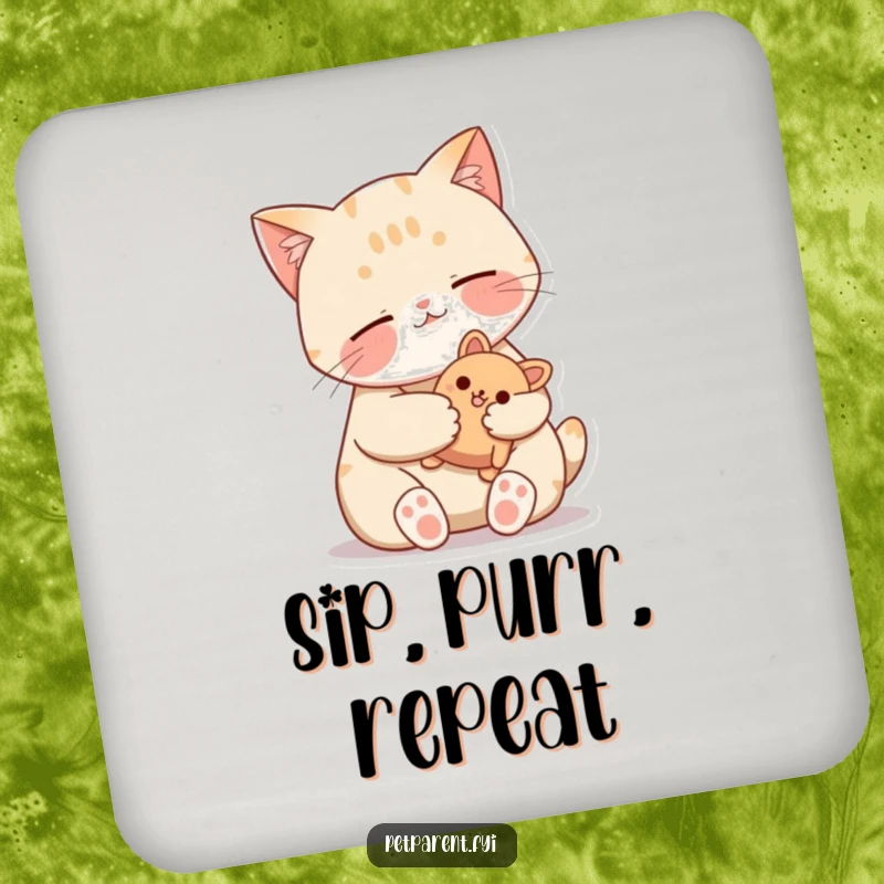 Funny Cat Coasters featuring a contented cat purring with a stuffed toy, adding cute and humorous protection to tables.