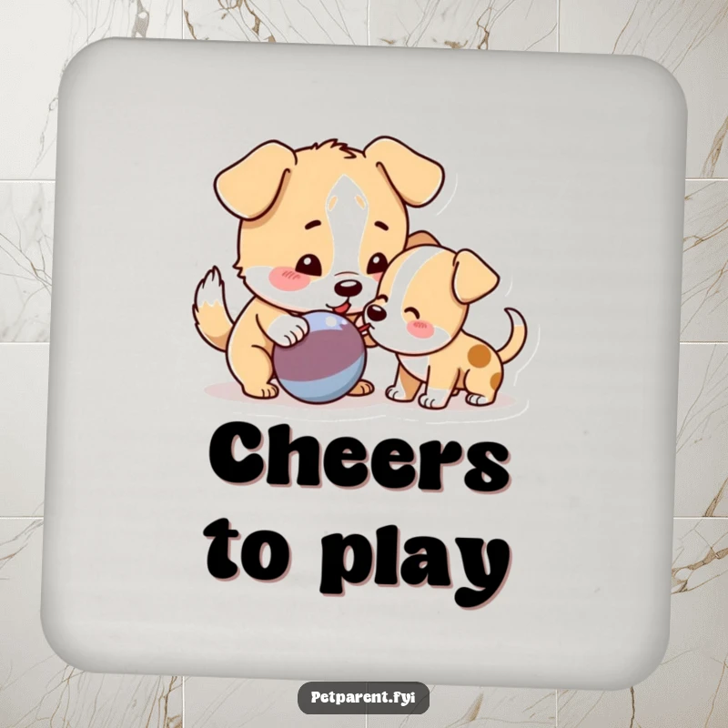 Funny Dog Coasters featuring a playful dog nudging a squeaky toy towards a puppy, adding humorous and cute protection to tables.