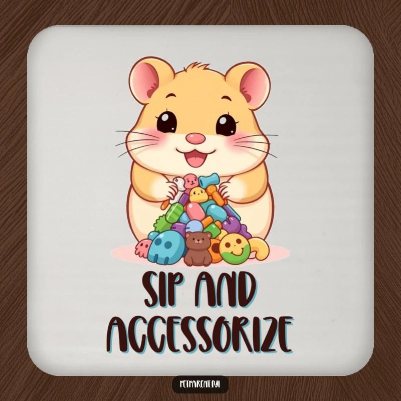 Funny drink coaster with a happy hamster proudly presenting colorful pet accessories, offering a humorous and protective addition.