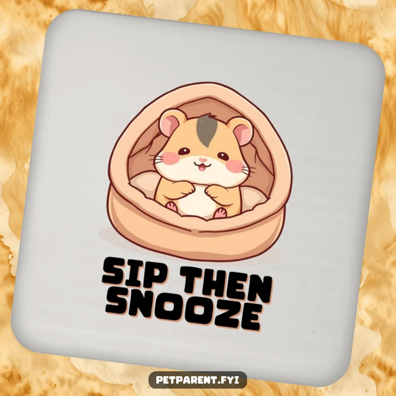 Funny hamster coasters showing a cute hamster character building a cozy bed, symbolizing comfort and adding humor to drink service.