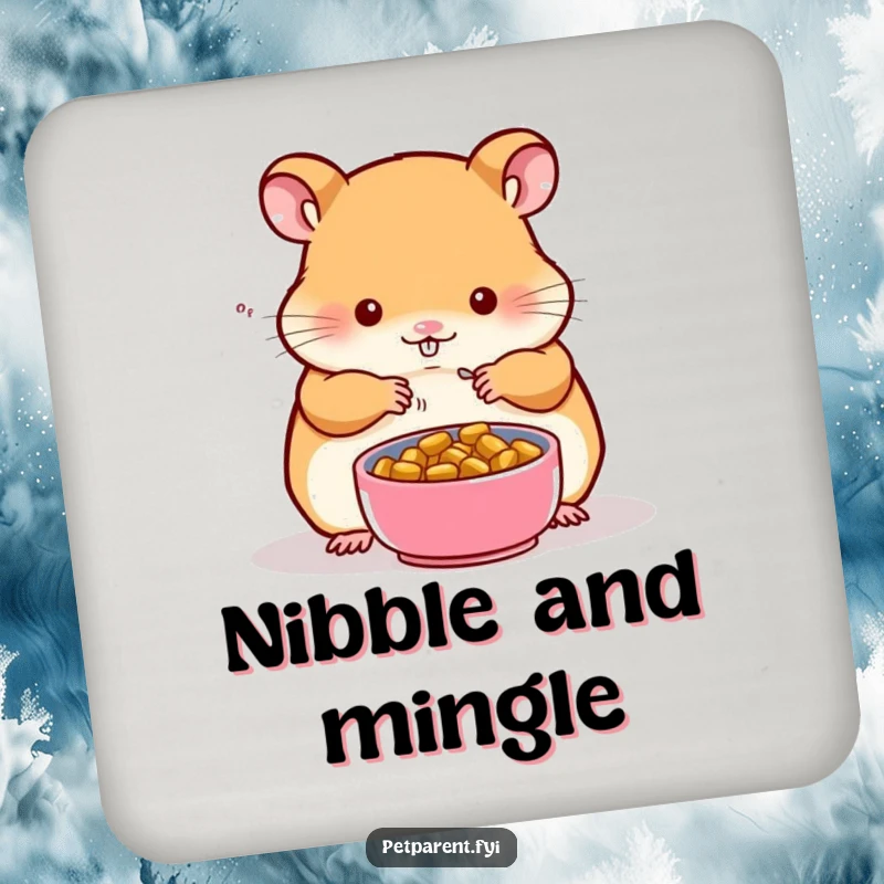 Funny drink coasters featuring a hamster character preparing a tiny food bowl for a companion, perfect for protecting surfaces.