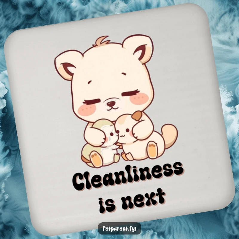 Funny nurturing animal character gently grooming a smaller animal, on a durable drink coaster.