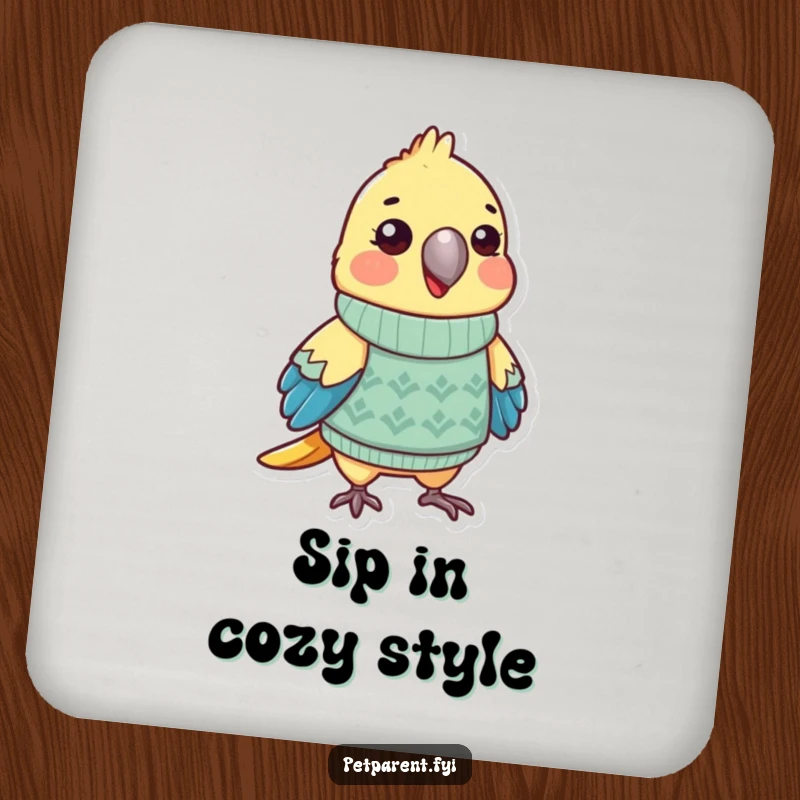 Funny parrot coaster featuring a cute bird character in a miniature sweater, protecting surfaces with humor. An excellent funny gift.