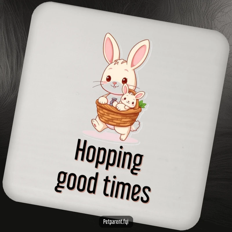 Funny drink coasters featuring a rabbit character carrying a baby bunny in a basket, perfect for protecting surfaces with charm.