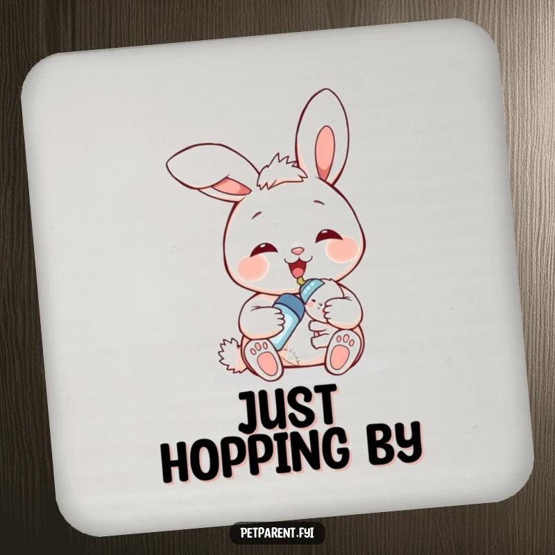 Funny bunny feeding coaster set, smiling bunny character bottle-feeding a baby bunny, humorous and functional drink protection.