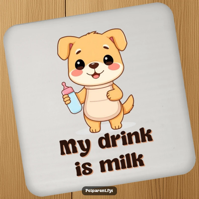 Funny drink coasters featuring a happy dog in an apron holding a baby bottle, adding humorous charm to any surface.
