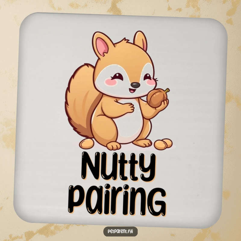 Funny Kawaii Squirrel Coasters (Set of 4): Kawaii squirrel characters sharing nuts, protecting surfaces with charm and kindness.