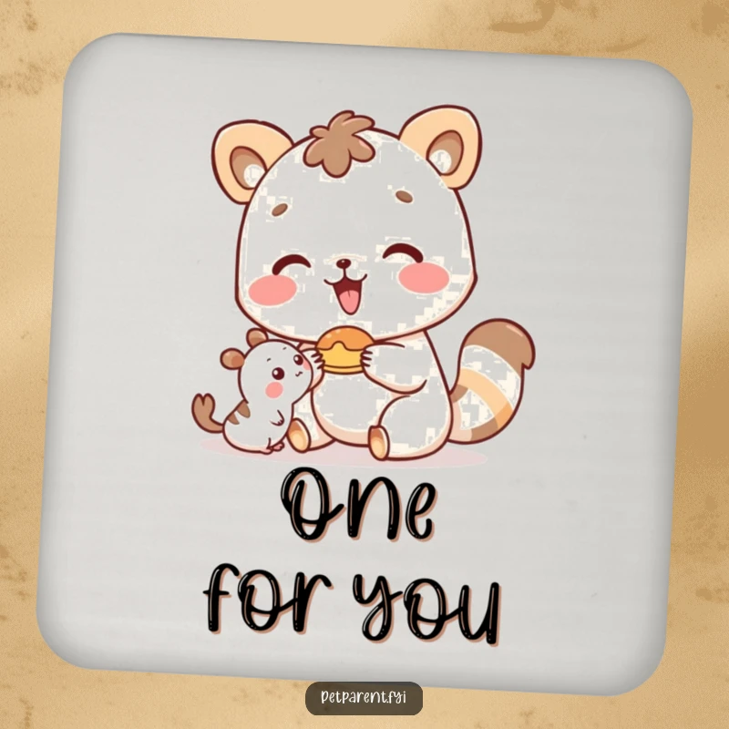 Funny happy animal character offering food to a small friend, on a durable drink coaster.
