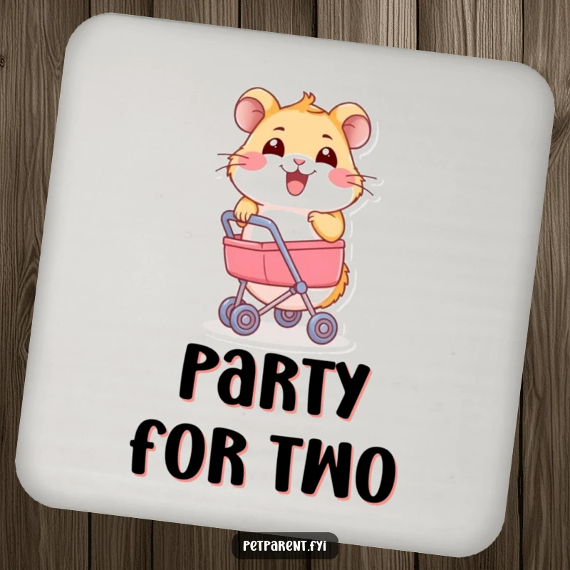 Funny Hamster Coaster: A joyful hamster pushes a miniature stroller. A humorous and practical accessory for any home.