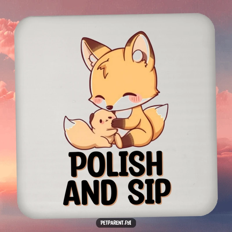 Funny Nurturing Fox Coasters: A nurturing fox grooming a small creature, adding humorous protection to surfaces.