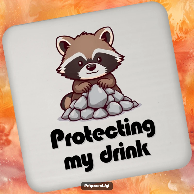 Funny raccoon coasters showing a protective raccoon character guarding shiny rocks, symbolizing treasure and adding humor to drink service.