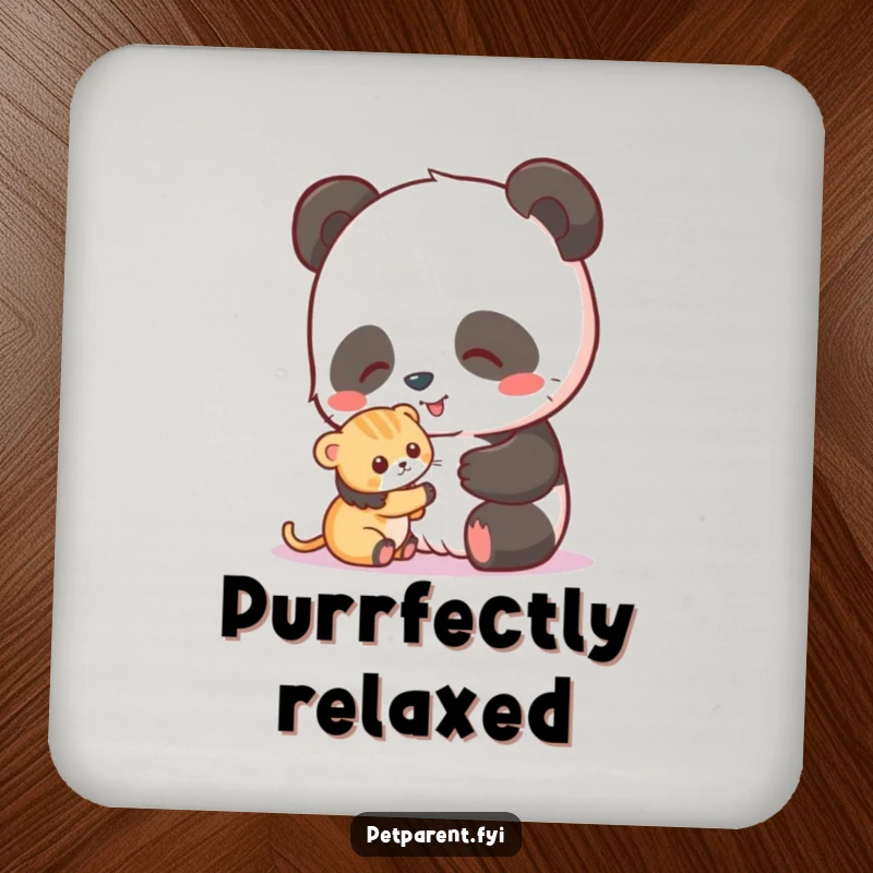 Funny drink coasters featuring a sweet panda gently petting a small kitten, protecting surfaces with adorable charm.