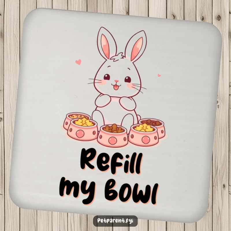 Funny rabbit coaster featuring a content character and small pet bowls, protecting surfaces with pet-centric humor. An excellent funny gift.