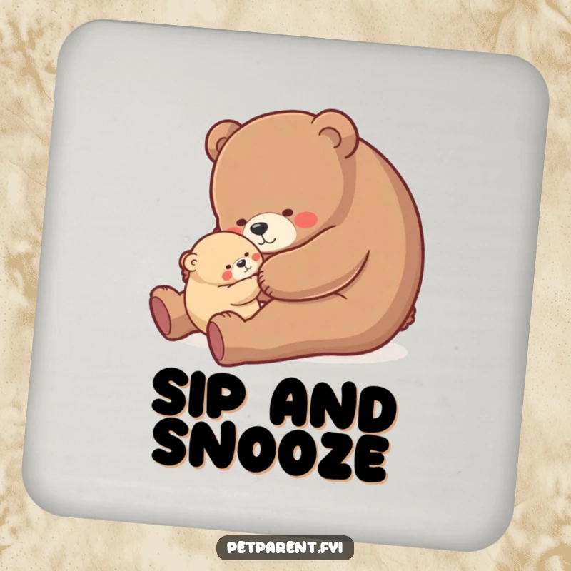 Funny bear hug coaster set, nurturing bear character gently rocking a small cub, humorous and functional drink protection.