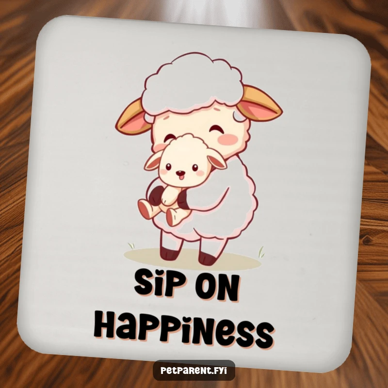 Funny and sweet cartoon sheep character carrying a tiny puppy, featured on protective drink coasters for tabletops.